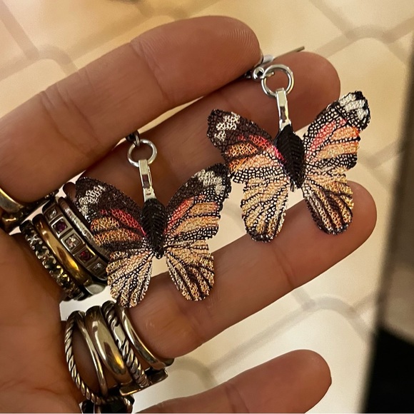 Dangly black and orange Monarch butterfly stainless steel post boho earrings - Picture 9 of 11